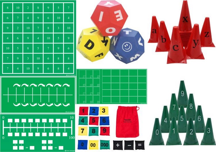 Groene matten voor spellen met rekenen en taal, pionnen, pittenzakjes en dobbelstenen bedrukt met cijfers en letters